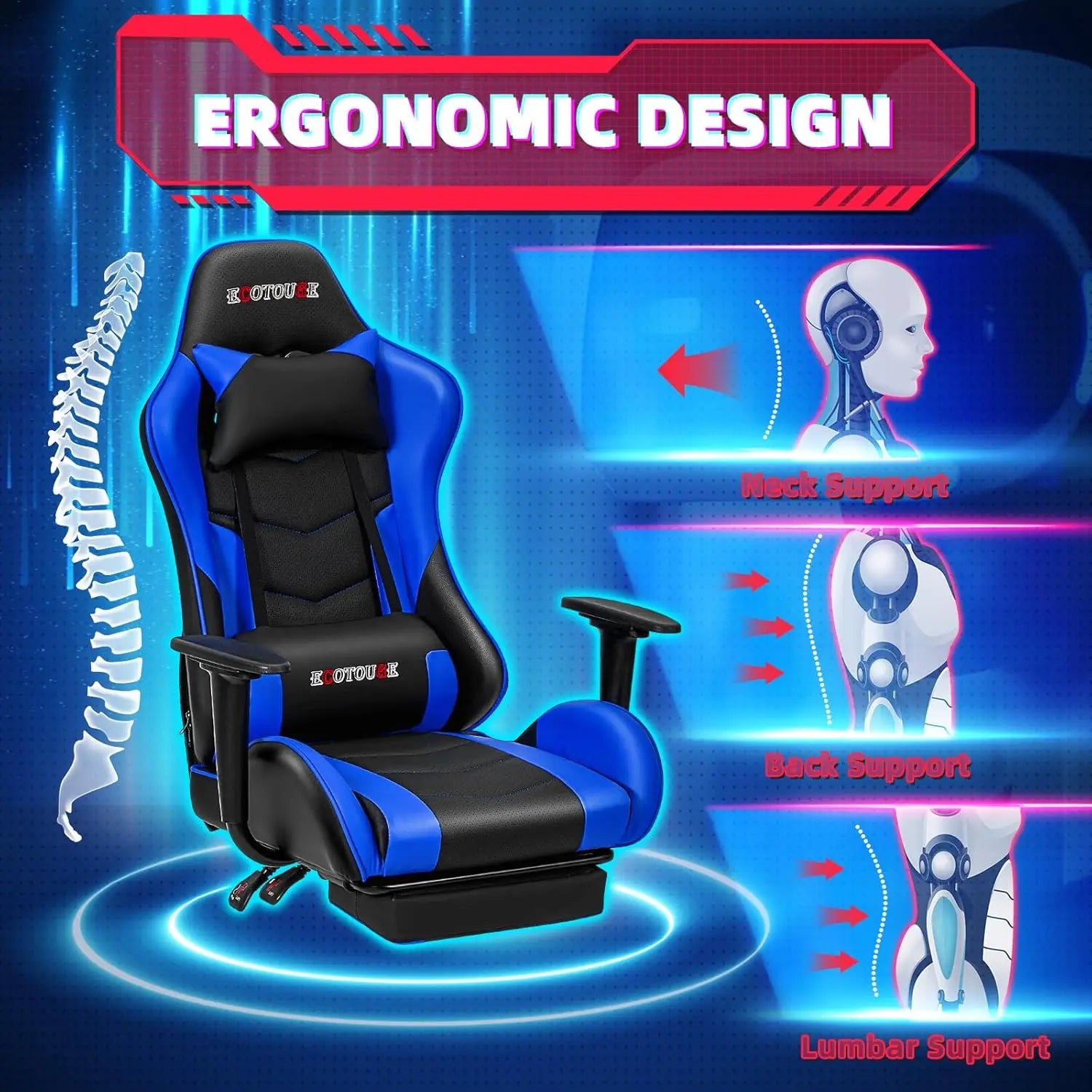 Gaming Chair w/ Footrest: Ergonomic PU Leather Recliner & Rocker, Massage Headrest/Lumbar (Blue)
