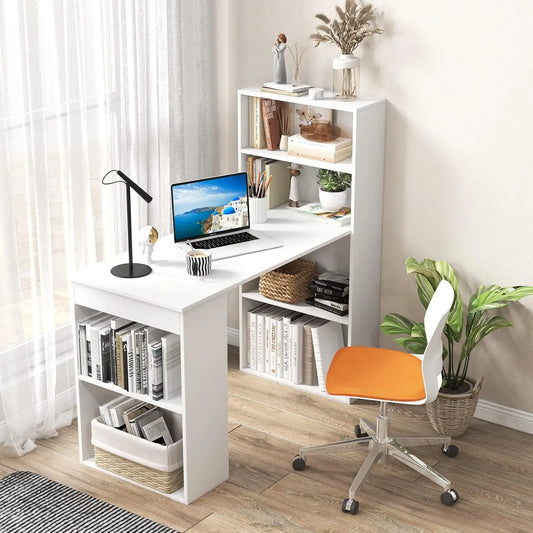 48 Inch Computer Desk with Bookshelf Reversible Study Writing Desk with Storage Shelves CPU Stand Compact Office Desks & Worksta
