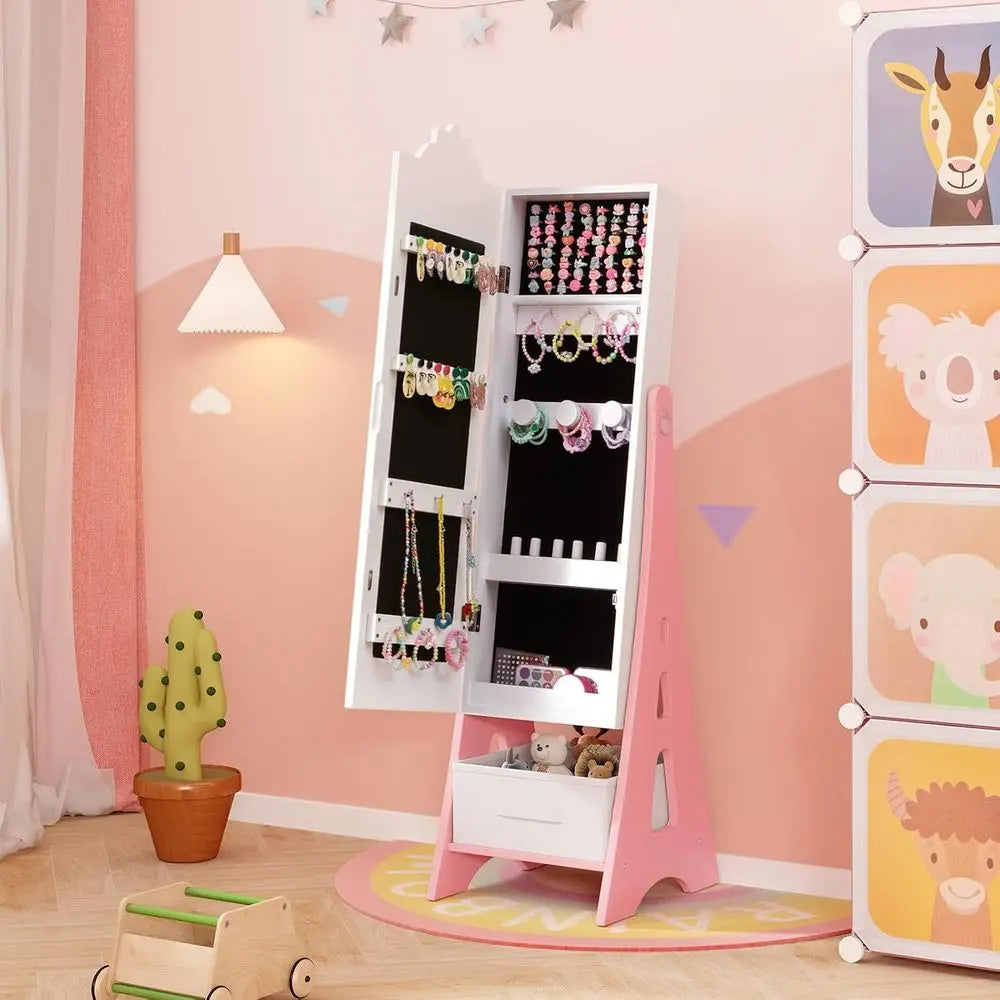 Children’s Wooden Standing Jewelry Cabinet with Full-Length Mirror & Storage Drawers – White