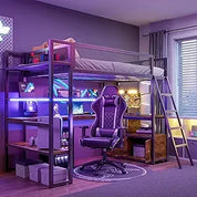 Loft Bed with Desk & Storage Shelves, Twin Size Space-Saving Bed Frame with LED Lights, Charging Station, Safety Guardrails, Eas