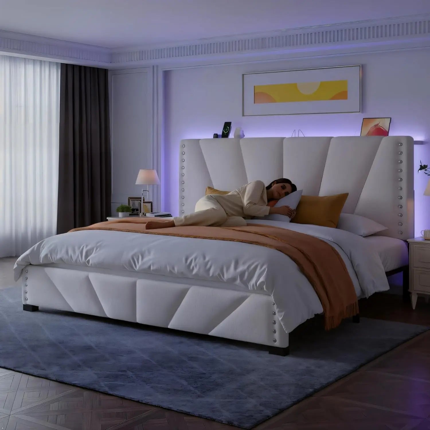 Queen Size LED Platform Bed Frame with Velvet Headboard, Charging Station & RGB LED Lights