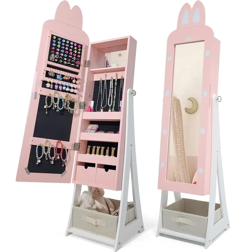 Children's Pink Rabbit-Themed Armoire with Removable Drawers and Full-Length Mirror