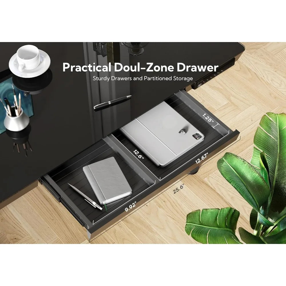 Glass Standing Desk with Drawers, 40 Inch Adjustable Stand Up Desk, Quick Install Home Office Computer Desk with USB Ports, Blac