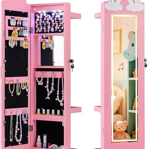 Rainbow Standing Jewelry Armoire with LED Lights, Full-Length Mirror & Makeup Mirror