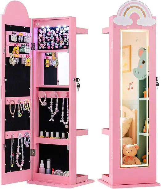 Rainbow Standing Jewelry Armoire with LED Lights, Full-Length Mirror & Makeup Mirror