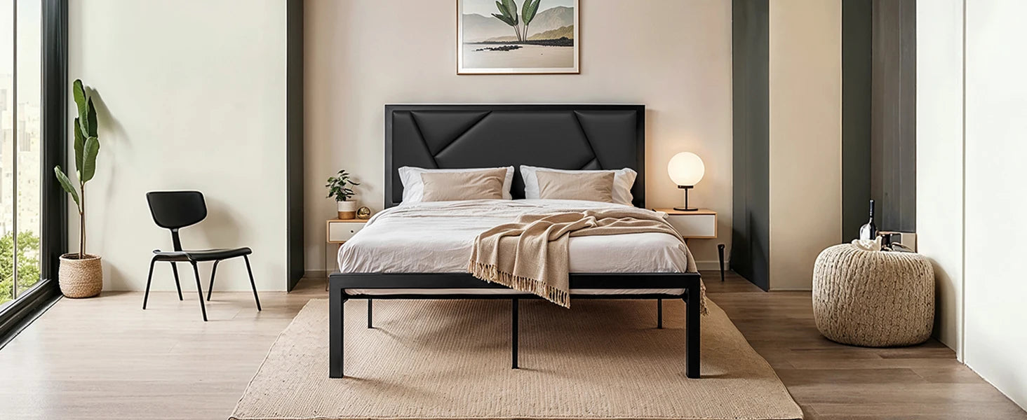 HOOMIC Metal Bed Frame with Upholstered Headboard, Litchi Grain Faux Leather Design, Easy Assembly, No Box Spring Needed Allewie