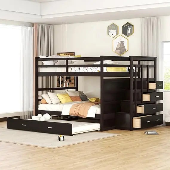 Full Over Full Bunk Bed with Twin Size Trundle and Stairs, and Storage Drawers