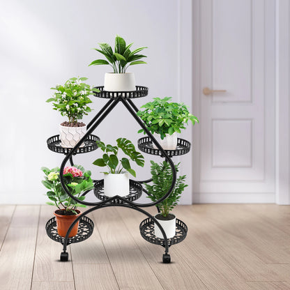 4-Tier Plant Stand with 6 Trays, Iron Frame, Movable and Lockable Wheels for Indoor Gardening and Display