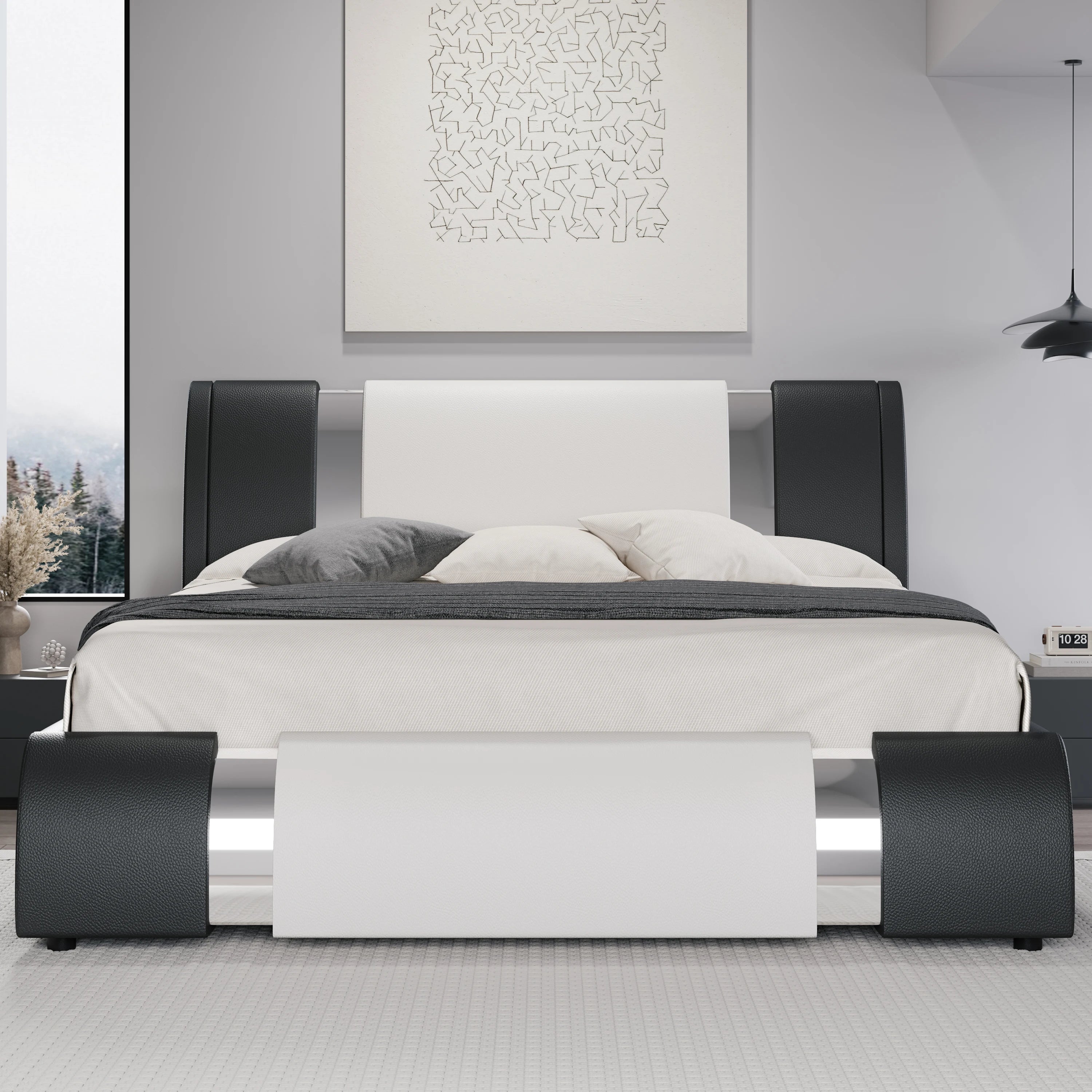Modern Faux Leather Low Profile Platform Bed with Height-Adjustable Headboard