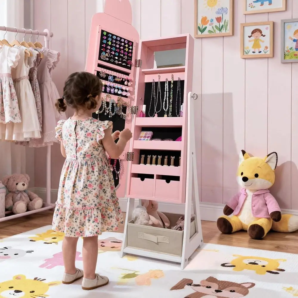 Children's Pink Rabbit-Themed Armoire with Removable Drawers and Full-Length Mirror