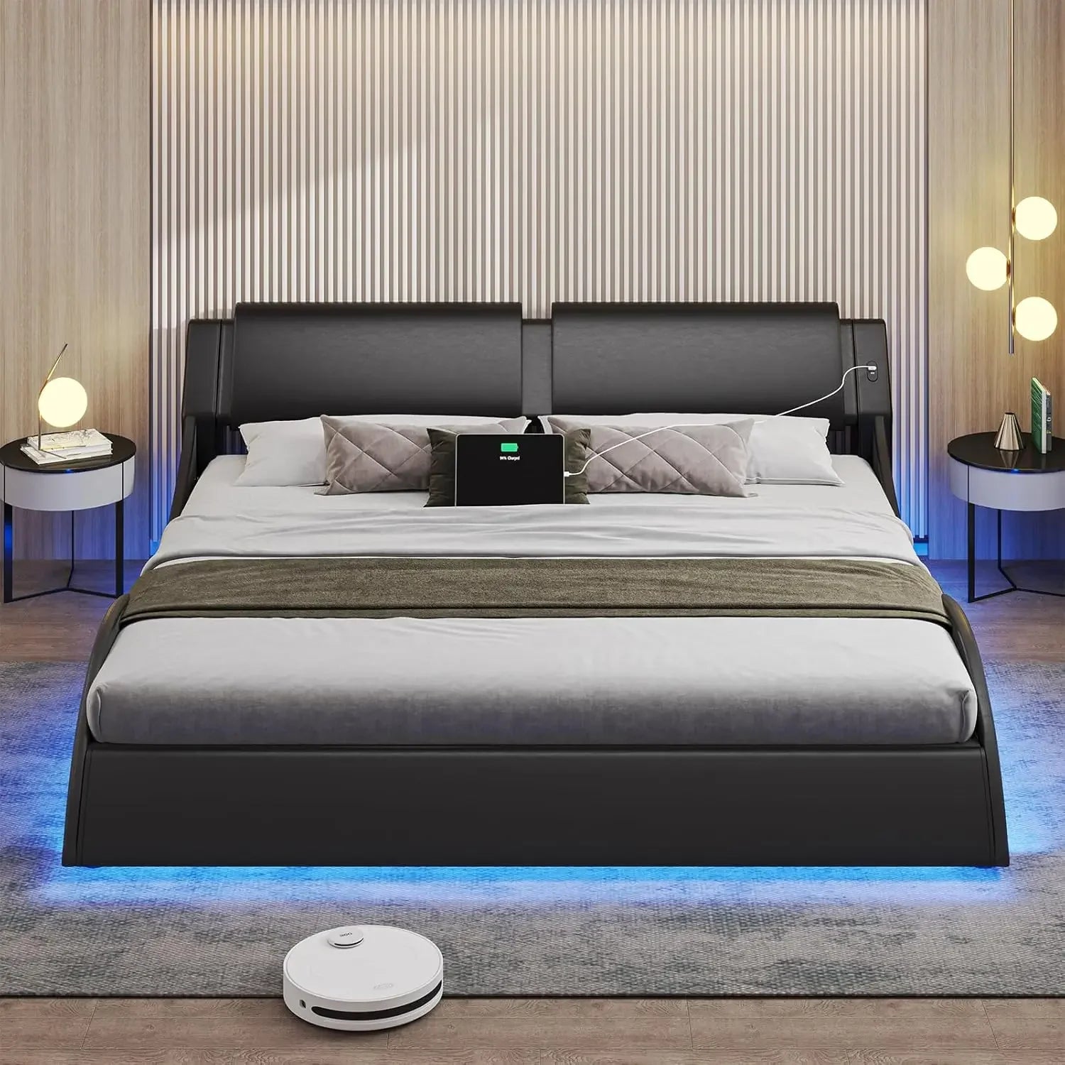 King Size Bed Frame with Headboard and Charging Ports Modern Low Profile King Platform Bed Frame with LED Lights Wave Like
