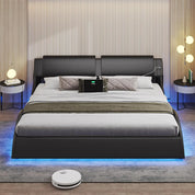 King Size Bed Frame with Headboard and Charging Ports Modern Low Profile King Platform Bed Frame with LED Lights Wave Like