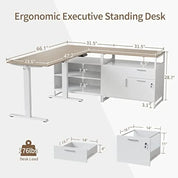 L-Shaped Executive Standing Desk with File Cabinet and Shelves, Electric Height Adjustable, Light Walnut