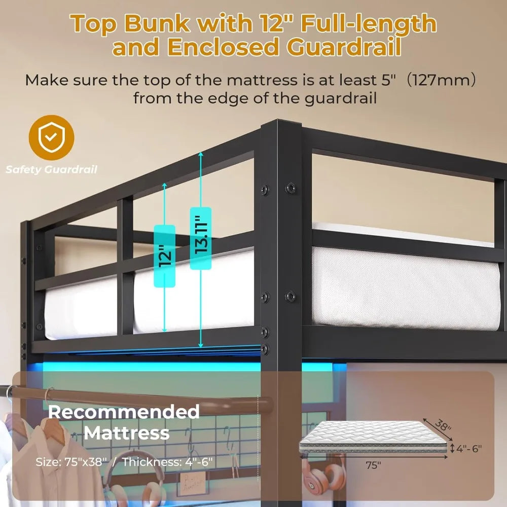 Bunk Bed Twin Over Twin Size with Desk and Charging Station L-Shaped Metal Bunk Bed with Led Lights & Storage Shelves and Drawe