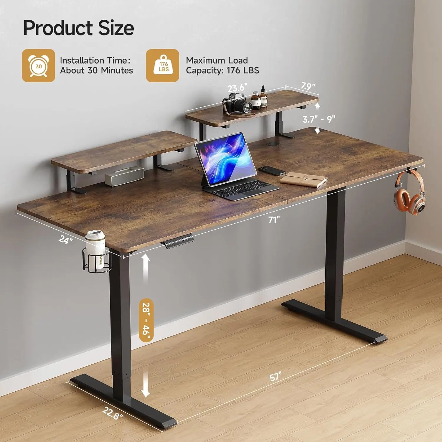  2 Adjustable Monitor Shelves,Electric Stand Up Desk with Memory Controller & Adjustable Height