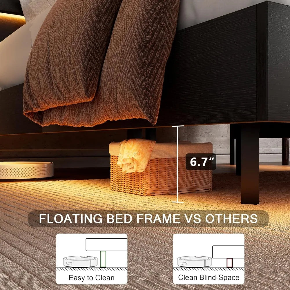 Floating Bed Frame King Size with Led Headboard and Charging Station, Metal Platform Bed Base with Storage, Remote Control, Heav