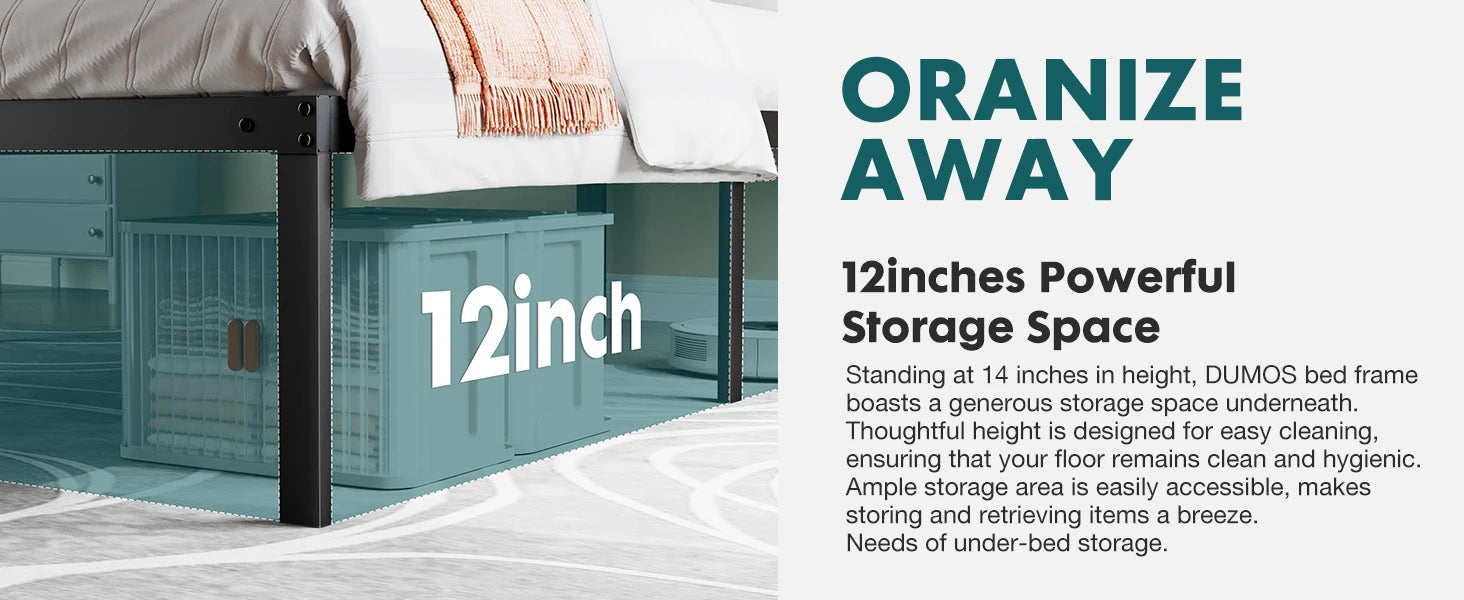 JHK Heavy-Duty Metal Bed Frame – Sturdy Steel Platform Bed with Center Support, 14-Inch Under-Bed Storage, Modern Design, Easy Assembly, Fits Standard Mattress