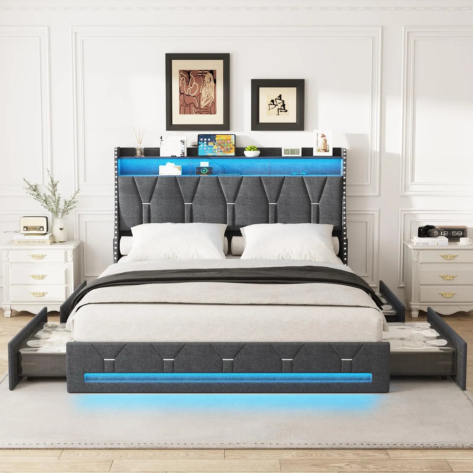 Vabches Queen Size Bed Frame with Headboard&4 Dustproof Storage Drawer Upholstered Platform Bed Frame with Power Strip&LED Light