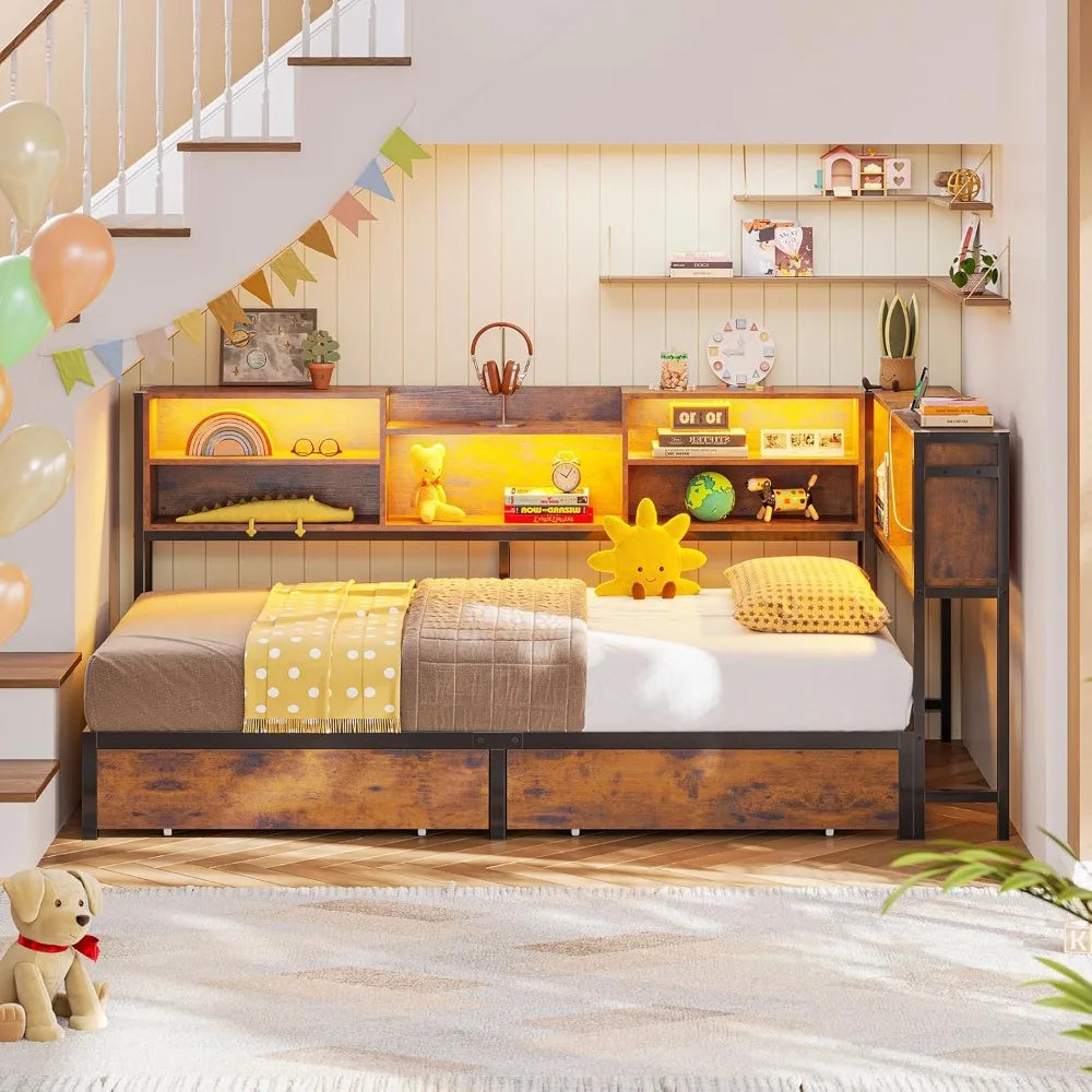 FurnishSpot Twin Corner Bed with Storage Drawers, Bookcase Headboard, LED Lights & Charging Station, Space-Saving Modern Kids Bed