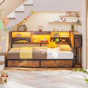 FurnishSpot Twin Corner Bed with Storage Drawers, Bookcase Headboard, LED Lights & Charging Station, Space-Saving Modern Kids Bed