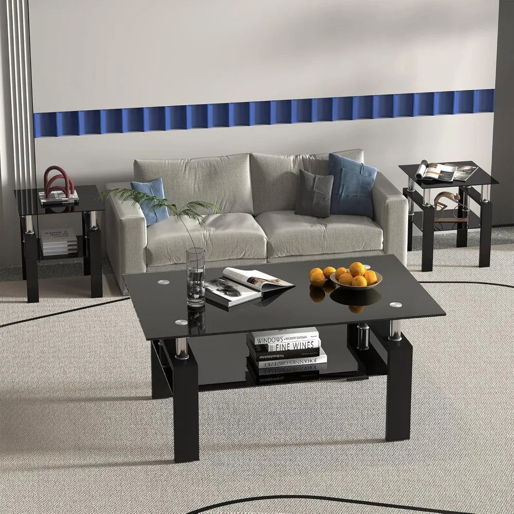 Black Glass Coffee Table Set of 3 Piece, Living Room Tables Set of 3 Pcs, Including 1 Coffee Table and 2 End Side Tables, Metal