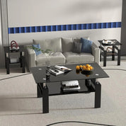 Black Glass Coffee Table Set of 3 Piece, Living Room Tables Set of 3 Pcs, Including 1 Coffee Table and 2 End Side Tables, Metal