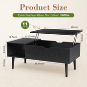 Wooden Coffee Table, Lift Top Coffee Table with Large Hidden Compartment and Shelf, Lift Tabletop Dining Table for Living Room