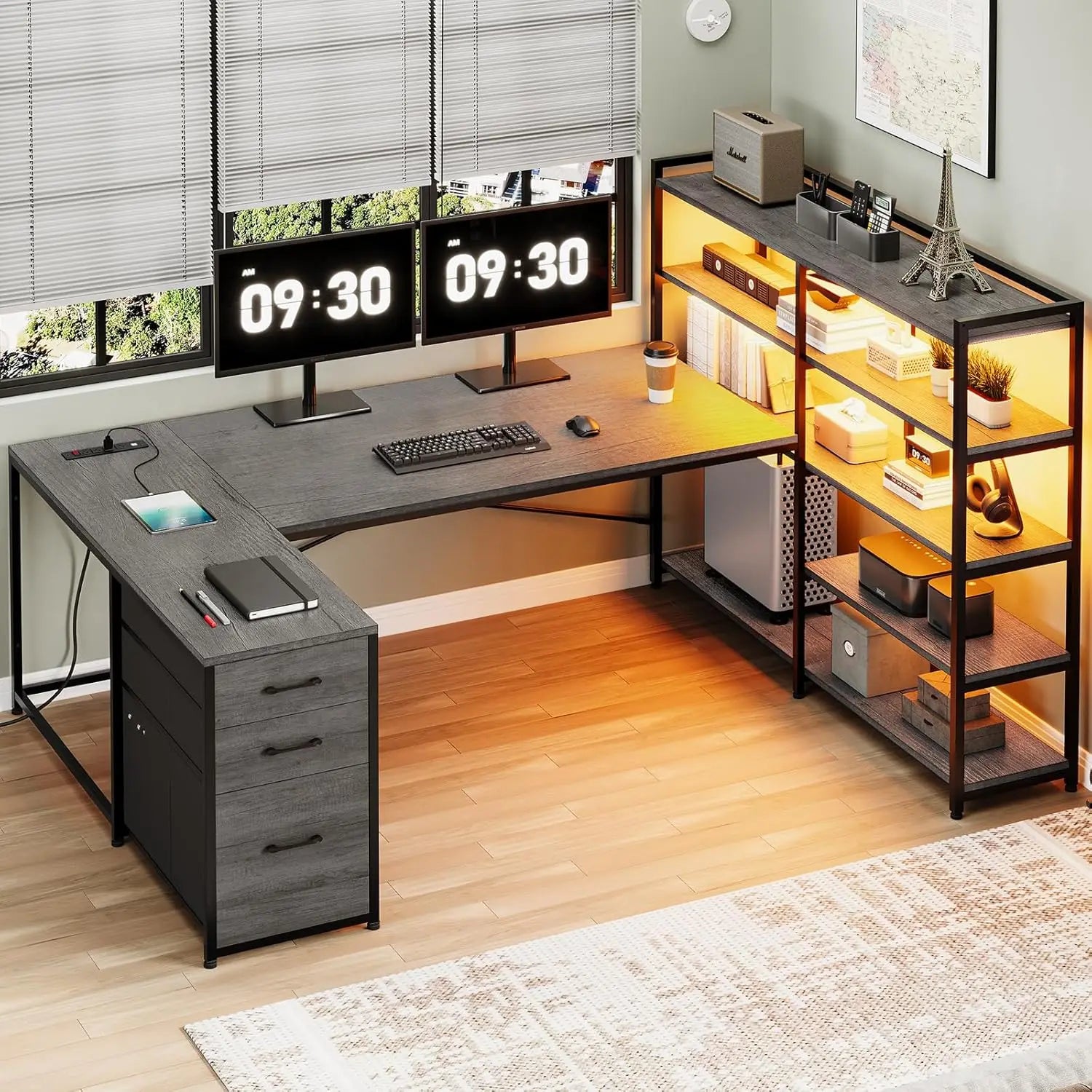 Corner Computer Desk, Reversible U Shaped Office Desk with 3 Fabric Drawers and Power Outlet, Corner Gaming Desk with LED Lights