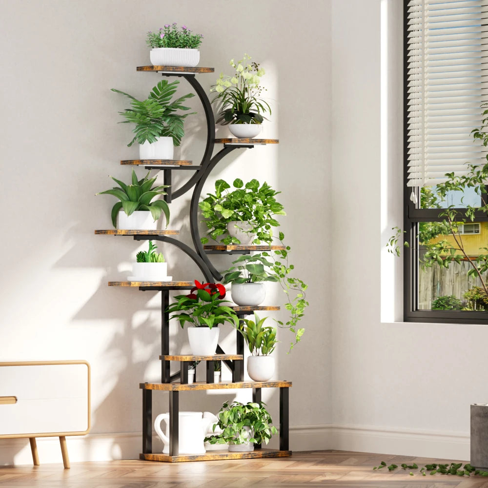 10-Tier Plant Stand with Grow Lights,S-Shaped Corner plant pack for Indoor Plants in Living Room,Garden,Patio,Deep Rustic Brown
