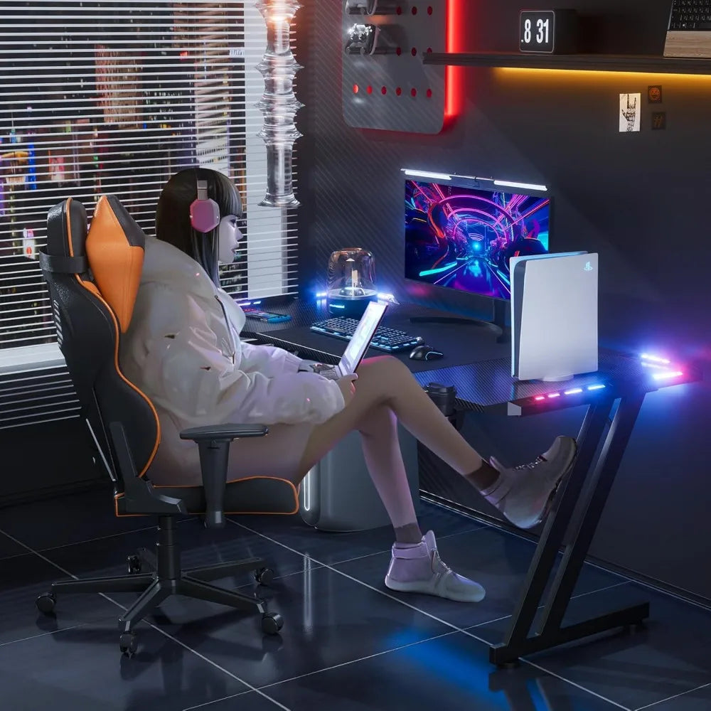 Ergonomic Gaming Desk with LED Lights and Carbon Fiber Surface