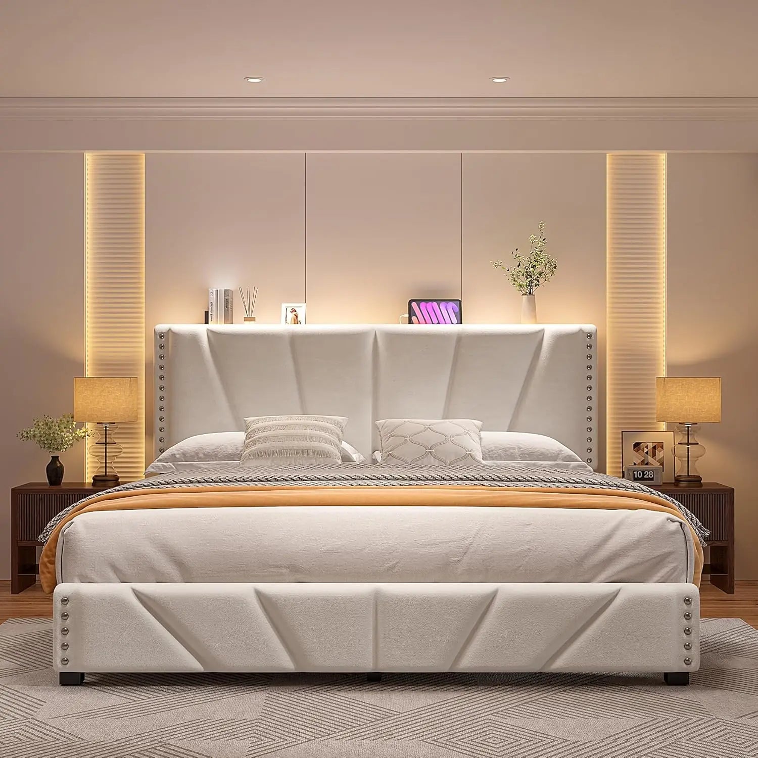 King Size Bed Frame with Velvet Headboard and LED Lights， Storage Headboard Platform Bed with Charging Station