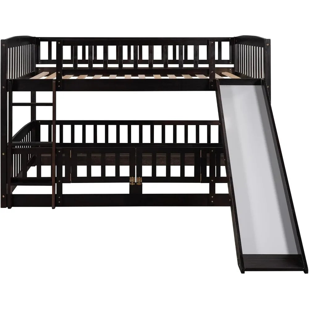 Full Over Full Low Bunk Bed with Slide and Fence Railings Wood Floor Bunk Beds with Ladder for Toddler Kids Boys Girls, Espresso