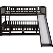 Full Over Full Low Bunk Bed with Slide and Fence Railings Wood Floor Bunk Beds with Ladder for Toddler Kids Boys Girls, Espresso