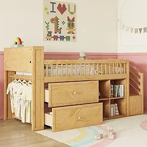 Playful Design Full Size Low Loft Bed with Slide and 3 Storage Drawers, Multiple Functions Wooden Loft Bed Frame with 2 Doors fo