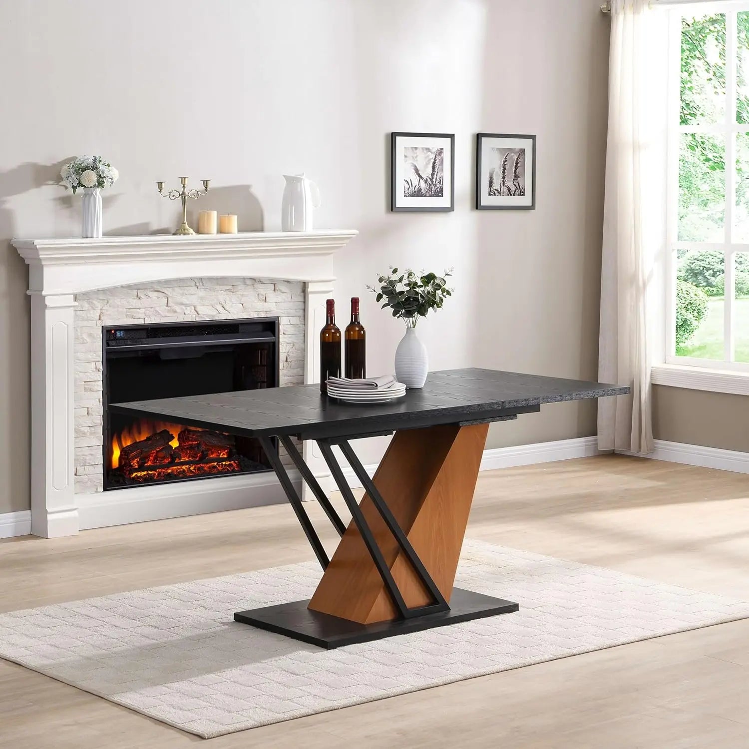 Extendable Dining Room Table for 4-6, Modern 61.81" (46.46") Wooden Geometric Rectangular Expandable Conference Kitchen Table wi
