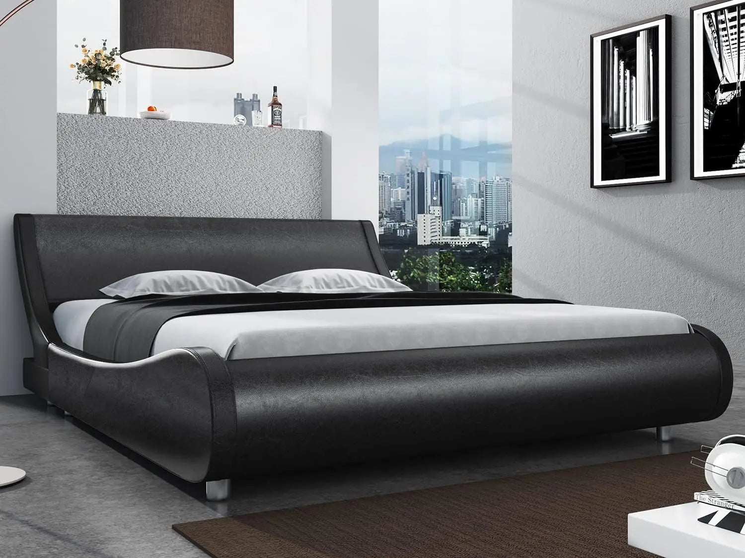 Bed Frame Full Size, Modern Low Profile Platform Stylish Faux Leather Upholstered Sleigh Bed with Adjustable Headboard,Bed Frame