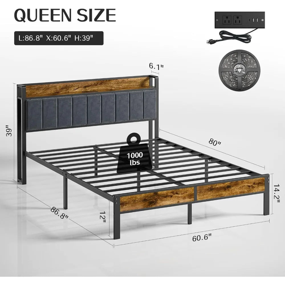 LED Queen size Bed Frame with Headboard, Metal Platform Bed with USB Charging Station, Easy Assembly, No Box Spring Needed
