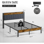 LED Queen size Bed Frame with Headboard, Metal Platform Bed with USB Charging Station, Easy Assembly, No Box Spring Needed
