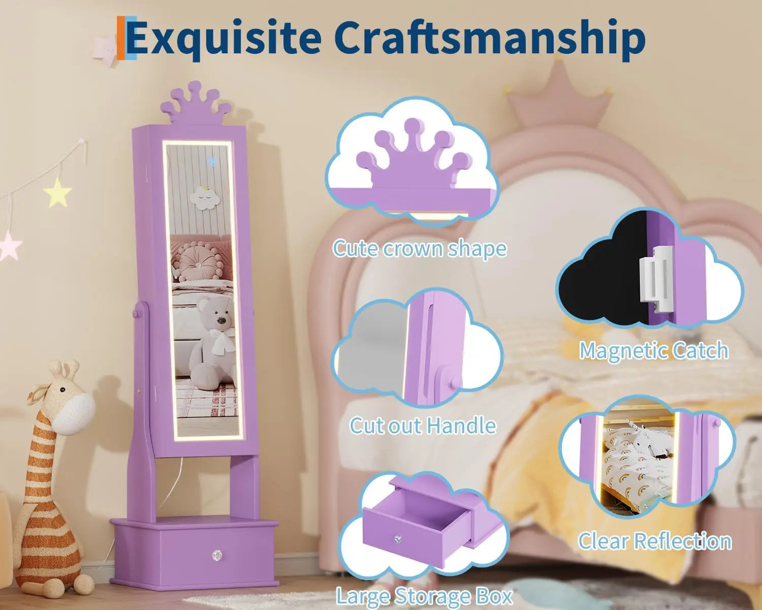 Freestanding Girls Jewelry Organizer with Full-Length Mirror & Three Storage Drawers