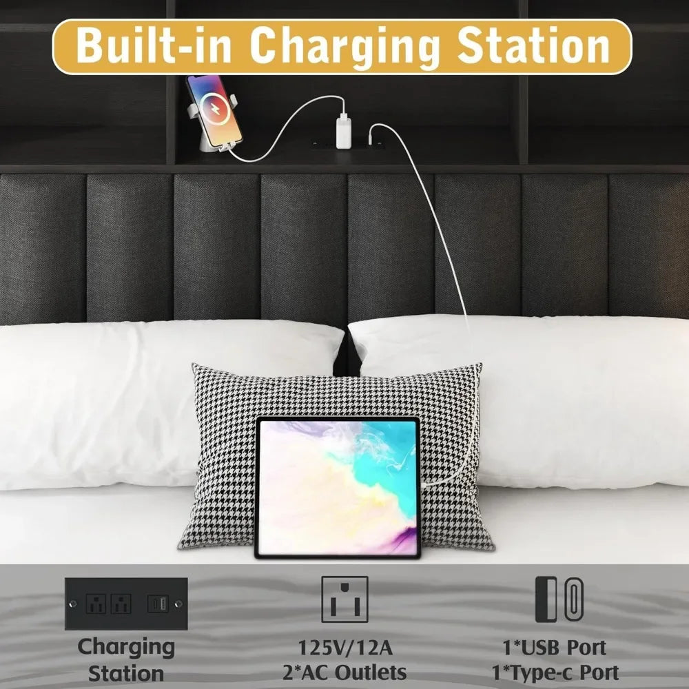 Multi-Functional Storage Bed with Bookcase Headboard, 4 Lockable Drawers, Built-In Charging Station, RGB LED Lights – Modern Platform Bed for Bedroom, USB & AC Outlets Included