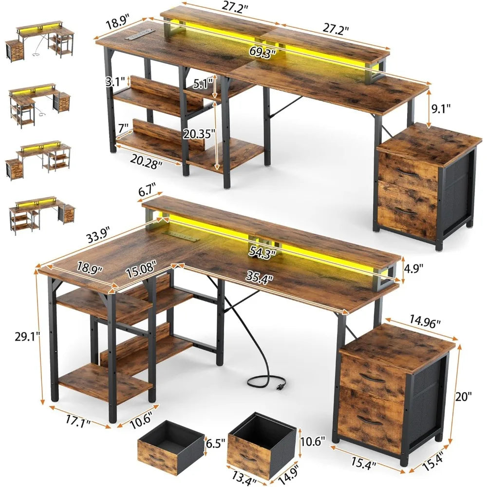 FurnishSpot® Reversible L-Shaped Computer Desk with LED Monitor Stand, Storage & Charging Station