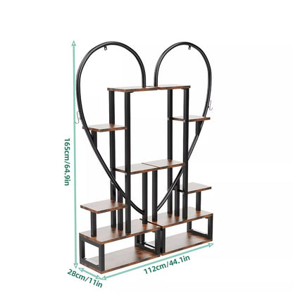 2-Pack 6-Tier Half-Heart Plant Stand – Indoor & Outdoor Metal and Wood Plant Display Rack with Side Hooks for Living Room, Garden, Balcony, Office