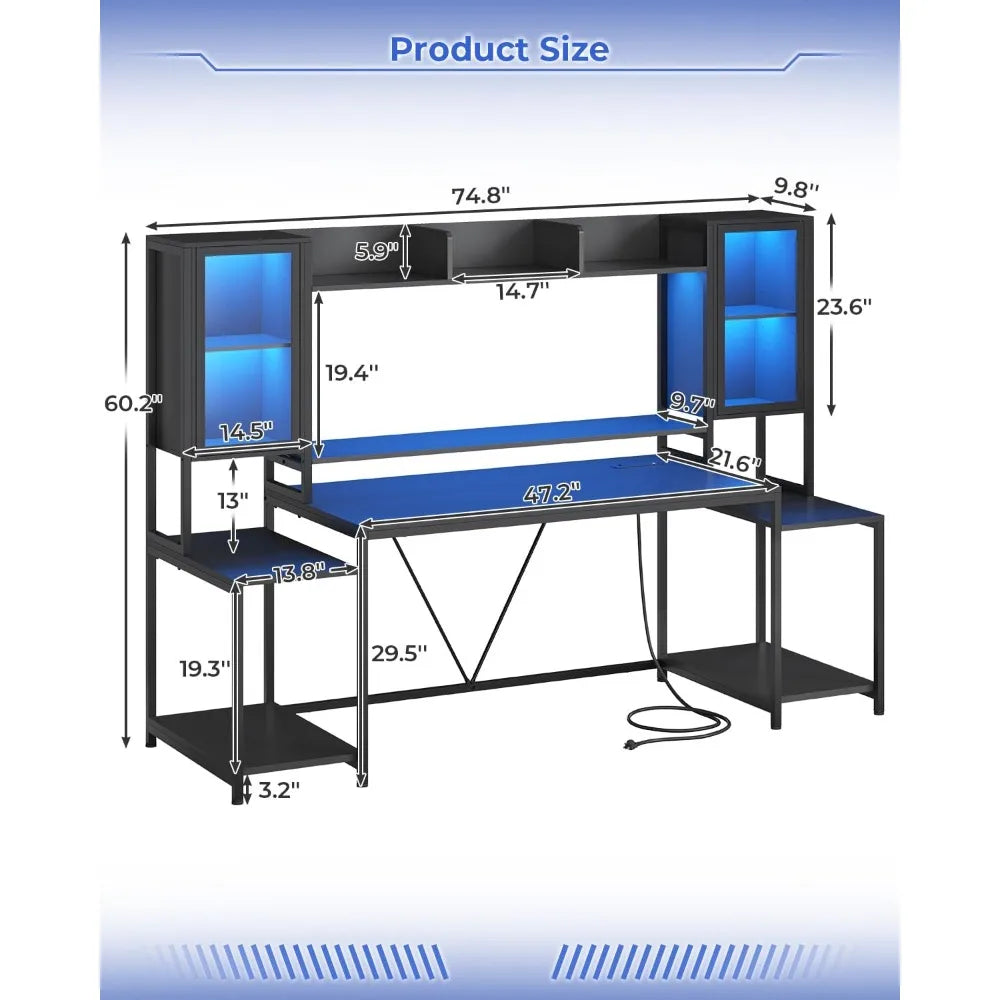 Gaming Desk 74.8'' with LED Lights, Hutch and Storage Shelves, Computer Desk with Monitor Stand, Large PC Gamer Desk Workstatio