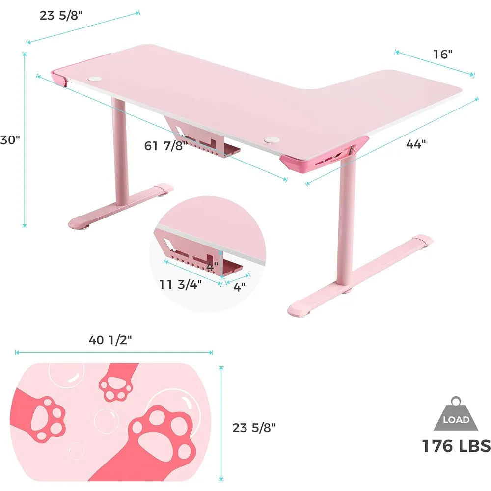 Pink L Shaped Gaming Desk, 60 Inch Large Home Office Corner PC Computer Table Study Writing Modern Workstation Girls  Female