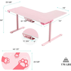 Pink L Shaped Gaming Desk, 60 Inch Large Home Office Corner PC Computer Table Study Writing Modern Workstation Girls  Female