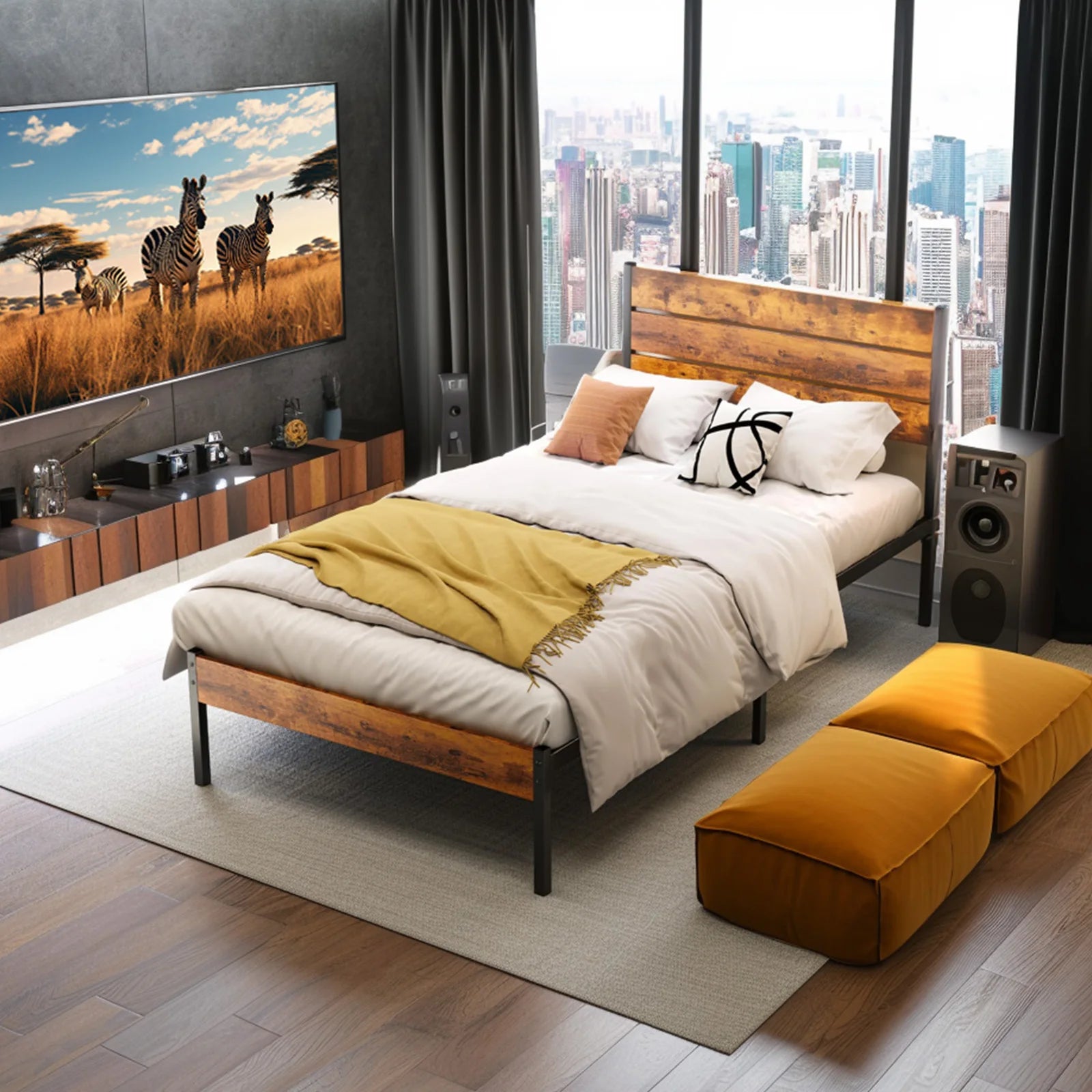 Queen Size Metal Platform Bed Frame with Headboard and Footboard