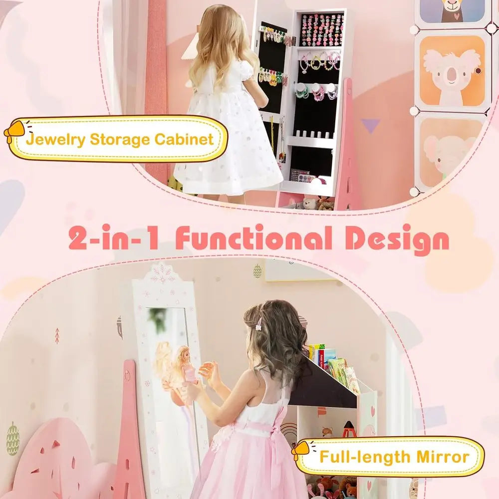 Children’s Wooden Standing Jewelry Cabinet with Full-Length Mirror & Storage Drawers – White
