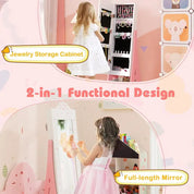 Children’s Wooden Standing Jewelry Cabinet with Full-Length Mirror & Storage Drawers – White