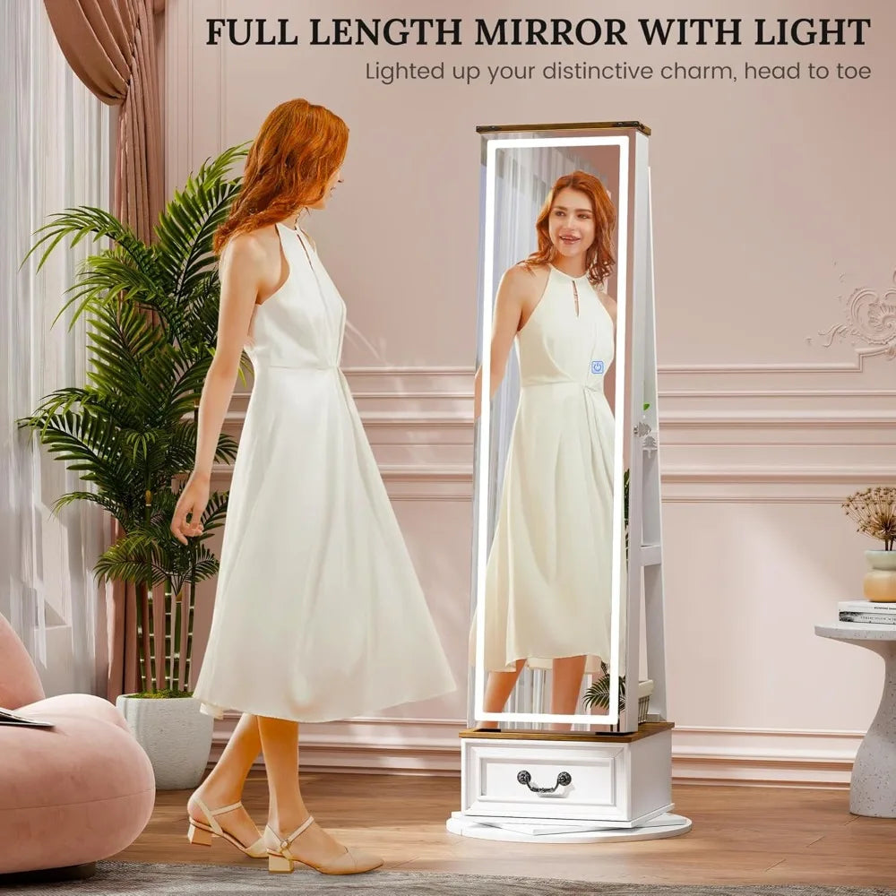 Standing LED Jewelry Armoire with Full-Length Mirror & 360° Swivel Storage Cabinet