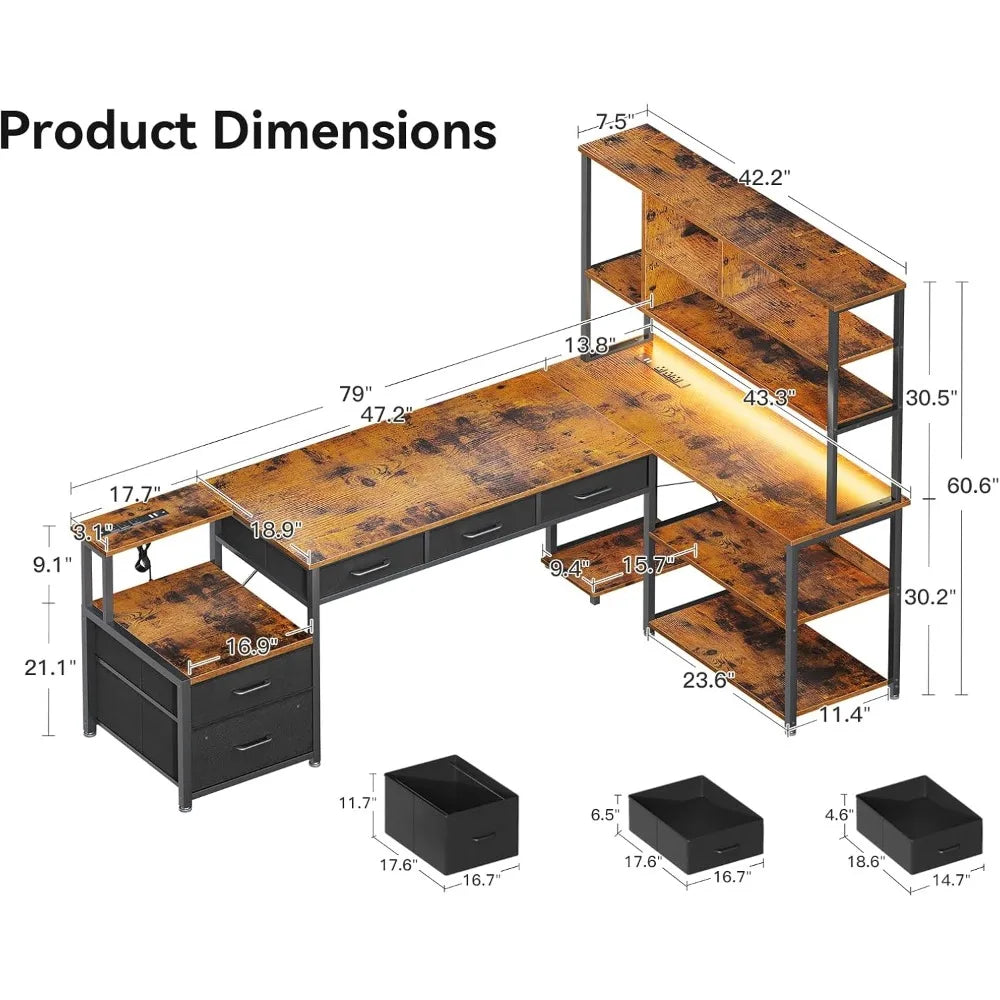 79 Inch L Shaped Desk with File Drawers, Reversible L Shaped Gaming Desk with Power Outlets & LED Lights, Computer Desk